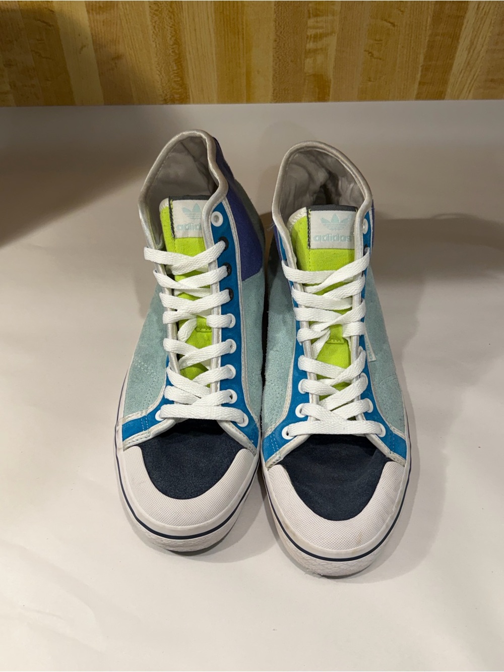 adidas High-Top Sneakers in Light Blue, Navy & Lime Green rare